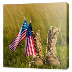 zbliżenie wojskowych butów w pobliżu amerykańskiej flagi z gwiazdami i paskami na trawie 
