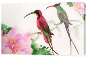 Rysunek pięknych jasnych ptaków i kwiatów
