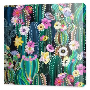 Hand painted blooming cactus, cacti, succulents, colofrul seamless pattern. Abstract cactuses with flowers, florals