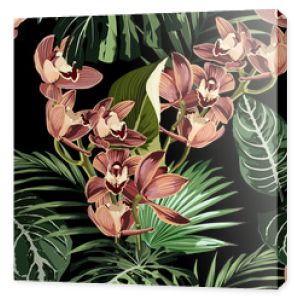 Tropikalne piękne kwiaty ładny wzór. Bezszwowe słodkie orchidee i tropikalnych liści palmowych tło. Użyj do tekstyliów, sukienek, tapet, projektowania domu.