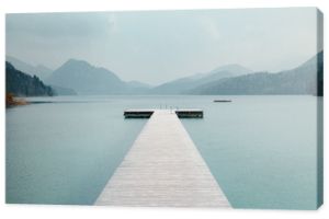 Malowniczy widok na panoramę idyllicznego drewnianego lądowiska nad pięknym jeziorem w Alpach w pochmurny dzień w lecie z efektem retro vintage