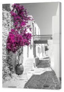 Fotografia czarno-biała z różowym akcentem - Grecka uliczka