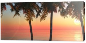 Palm trees on the beach, sea sunset and palm trees, sea and sun, 3D rendering