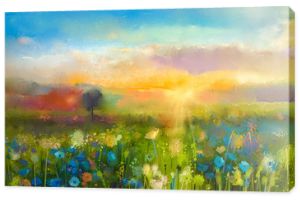 Obraz olejny kwiaty mniszka lekarskiego, chaber, stokrotka na polach. Zachód słońca łąka krajobraz z wildflower, wzgórze i niebo w kolorze pomarańczowym i niebieskim tle. Ręcznie malowany letni kwiatowy styl impresjonistyczny