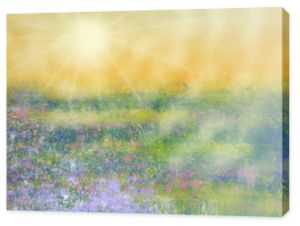 Kolorowe ręcznie rysowane streszczenie widok pola z kwiatami na żółtym tle akwareli jako światło słoneczne, ilustracja kreskówka wiosenny widok krajobrazu malowane kredą akwarelową i pastelową, wysokiej jakości