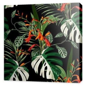 Tropical orange crocosmia  flowers and bright green leaves exotic seamless pattern. Exotic tropical garden on black background.