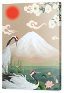 ilustracja z japońskimi żurawiami i górą