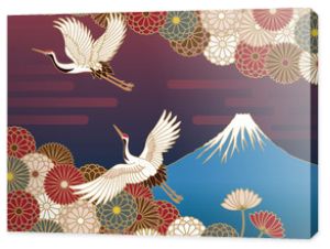 Tradycyjny japoński wzór Fuji, żurawi i chryzantem