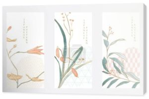 Abstrakcyjna dekoracja sztuki z ręcznie rysowane kwiatowy wzór ilustracji baner w stylu vintage. Japoński geometryczny wzór tła z wektorem tekstury akwarela. 