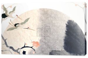 Japońskie tło z ręcznie rysowane linii kwiat wiśni w stylu vintage. Streszczenie sztuki koło kształt baner projekt z dźwigiem ptaków baner projekt 