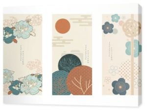 Japońskie tło z azjatyckim tradycyjnym wektorem ikony. Kwiat wiśni i piwonii, wzór fali, elementy bambusa i wstążki. Wzór geometryczny w stylu vintage.