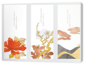 Japońskie tło ze złotym i czarnym wektorem tekstury. Kwiat wiśni, bambus i chiński baner chmury w stylu vintage. Ikona krajobrazu artystycznego i projekt logo. 