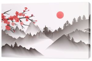Chiński obraz krajobrazu. Orientalne azjatyckie tło z mglistymi górami i sakura kwiat gałąź wektor ilustracja azjatyckiego krajobrazu natura