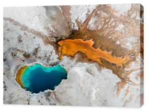 Piękne gejzery z gorącą wodą i parą wodną z basenami bakterii termofilnych w Kotlinie Górnego Gejzera Parku Narodowego Yellowstone, Wyoming, Stany Zjednoczone Ameryki.