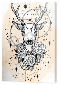Ilustracja wektorowa modny rysowane ręcznie kwiatami jelenia i piwonia nad gwiazdkami. Sztuka tatuaż. Liniowy styl wektor grafika na białym tle. Przestrzeni kosmicznej, alchemii, astrologii, druku, plakaty, koszulki.