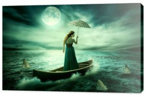 Młoda samotna kobieta z parasolem dryfującym na łodzi po burzy w otoczeniu rekinów