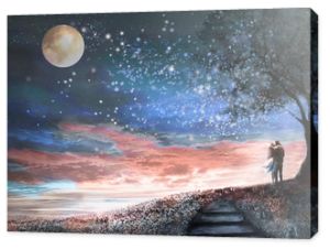 Ilustracja fantasy z nocnym niebem i drogą mleczną, księżyc gwiazd. kobieta i mężczyzna pod drzewem patrząc na kosmiczny krajobraz. kwiecista łąka i schody. Obraz.