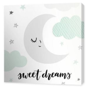 Ilustracja księżyc wektor ładny ręką napisane wyrażenie słodkie sny. Śpiąca, uśmiechnięta postać księżyca z chmurami i gwiazdami w skandynawskim stylu. Miękkie, pastelowe kolory.